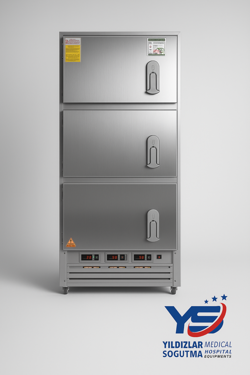 Yıldızlar Soğutma 3 üniteli baştan yüklemeli morg: çelik karkaslı sağlam gövde, hijyenik iç yapı, stabil soğutma ve kolay yükleme sistemiyle kurumsal çözüm.