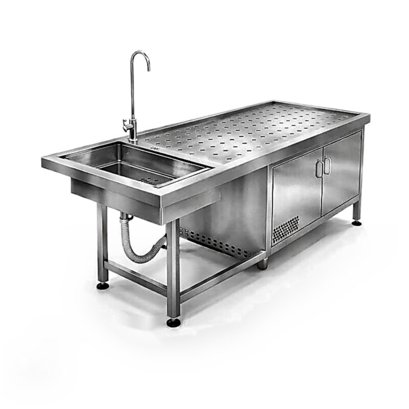 Paslanmaz çelik evyeli otopsi/diseksiyon masası. Delikli drenaj tabla, sıvı tahliye sistemi ve alt dolap. Kurulum, garanti, profesyonel teslimat.