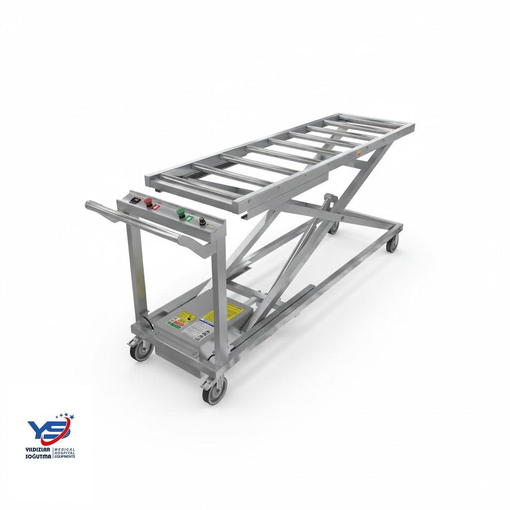 “Elektrikli Şarjlı Cenaze Kaldırma Lift 304 Paslanmaz – Yıldızlar Soğutma” Yıldızlar Soğutma Elektrikli Şarj Edilebilir Cenaze Kaldırma Lift, morglarda cenazeyi kabine, tabuta veya yıkama masasına güvenle kaldırmak için özel olarak tasarlanmış, 304 kalite paslanmaz krom çelik gövdeli, konveyörlü (rulolu) üst tabla yapısına sahip profesyonel bir morg ekipmanıdır.