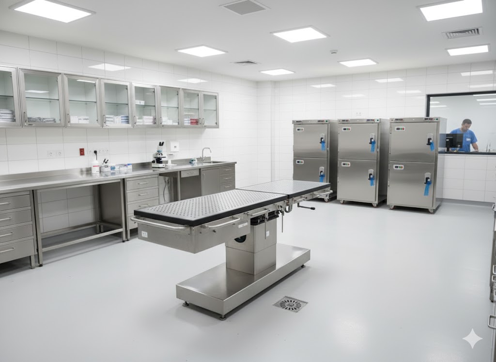 Hastane ve adli tıp için morg ekipmanları: otopsi masası, diseksiyon masası, gasil masası, morg ünitesi ve paslanmaz çözümler. Kurumsal teklif, garanti, hızlı teslimat.